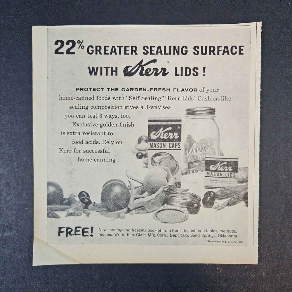 1955 Kerr Mason Jar Caps Lids Vintage Print Ad Garden Fresh Sand Springs OK Food